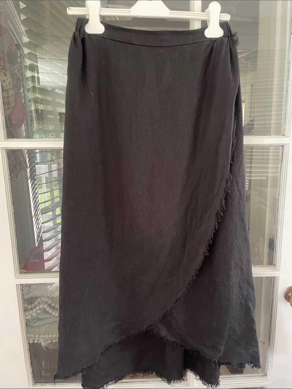 Match Point Linen Wrap Skirt Maxi Midi Length Fray Hem Black Women’s S/M